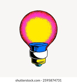 Colorful pop art light bulb illustration with a vibrant yellow center and red outline. Retro pop art style light bulb with bold colors and a unique design. Vector illustration.