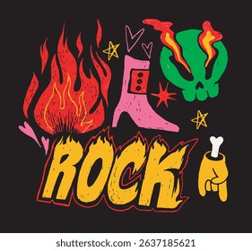 Colorful pop art style composition with flames, skull, boot, hearts, stars, and the word ROCK on a black background. Concept of vibrant rock culture. Vector illustration