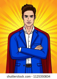 Colorful pop art style illustration of confident businessman looks like a superhero. Young handsome man in blue suit and red cloak
