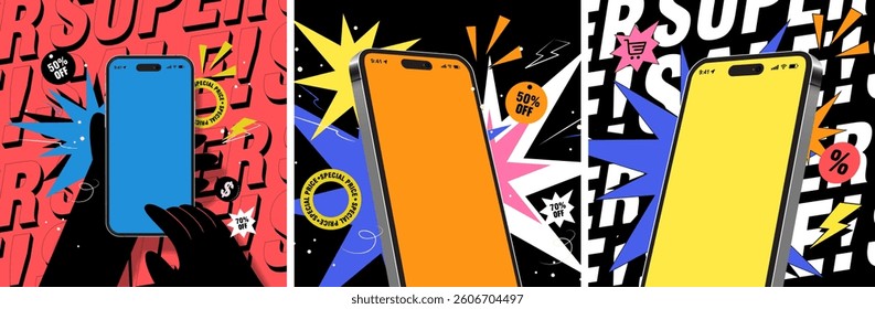 Colorful Pop Art Style Mobile Shopping Promotion Template with Discount and Sale Elements