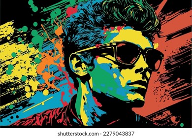 Colorful pop art of a young man with sunglasses. Vector illustration of retro male character. Cartoon comic painting of attractive man. Creative colorful decoration poster. Fashionable gentleman. - Shutterstock ID 2279043837