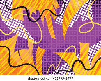 Arrière-plan grunge vectoriel coloré à texture pop avec points de polka blancs et formes abstraites oranges isolées sur fond d'écran violet pour la publication sur les réseaux sociaux, titre de couverture, imprimés d'écharpes textiles.