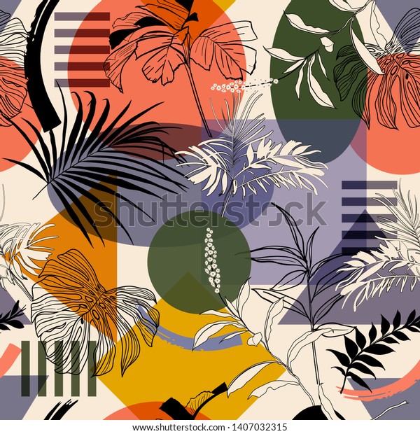 植物植物と木のモダンなスタイルのシームレスなパターンをベクター画像に持つカラフルなポップ幾何学模様 ファッション 布地 ウェブ 壁紙 およびすべての印刷用のデザイン のベクター画像素材 ロイヤリティフリー