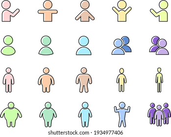 Colorful and pop human icon set. Fashionable icons in pastel colors. Illustrations of human shapes of various body shapes.