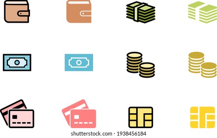 Colorful and pop icon set of wallets, banknotes, coins, credit cards, IC cards, electronic money, etc.