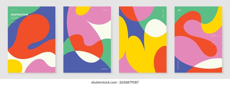 Colorful pop poster background vector set. Minimalist cover template with geometric shape. Ideal design for social media, banner, summer season card.