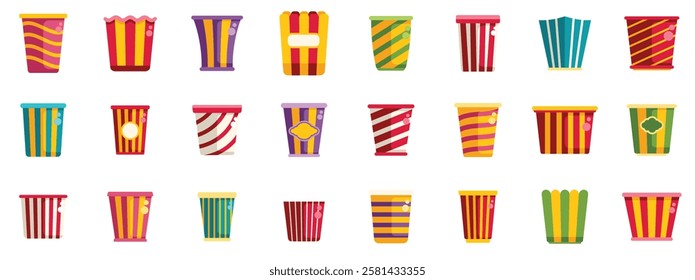 Colorful popcorn buckets set offers various designs for enjoying a tasty snack during a movie