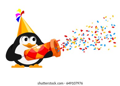 Colorful Popper and penguin on a white background. Cardboard popper - the concept of fun and celebration.  Confetti and popper on a white background, isolate. Vector illustration. 