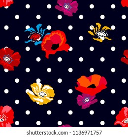 Colorful poppies and strawberries on black polka dots background. Seamless floral pattern with Spanish and Russian motifs. Trendy design for textile, cards and covers.