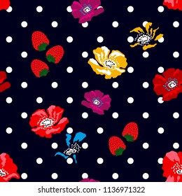 Colorful poppies and strawberries on dark blue polka dot background. Seamless floral pattern with Spanish and Russian motifs. Trendy design for textile, cards and covers.