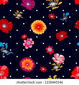 Colorful poppies and wildflowers on dark blue dotted background. Seamless floral pattern with Spanish and Russian motifs. Trendy design for textile, cards and covers.