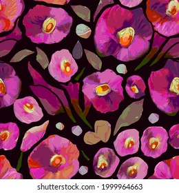 Colorful poppy seamless vector pattern with abstract wild flowers and plants. Colored hand drawn decorative poppies on black background. Floral vector texture, print.