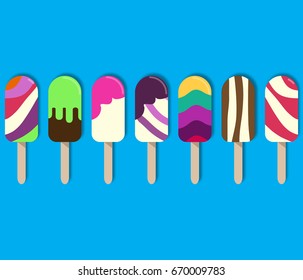 Colorful popsicle ice cream with different topping. Sweet summer dessert collage. 3d vector set. Parer art style.  Design for wallpaper, wrapping, fabric, background, apparel, prints, banners etc