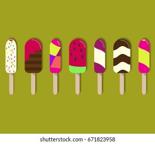 Colorful popsicle ice cream with different topping. Sweet summer dessert collage. 3d vector set. Parer art style. Design for wallpaper, wrapping, fabric, background, apparel, prints, banners etc