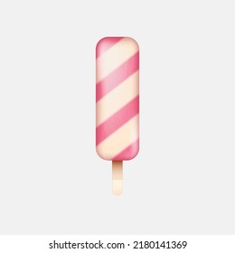 Colorful popsicle ice cream on stick. Realistic striped pink ice-cream eskimo with fruit or berry, strawberry sundae isolated on white background. Summer dessert. 3d vector illustration