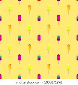 Colorful popsicle ice cream seamless retro vector pattern.  Tasty colorful summer desert - fruit ice lolly. Design for wallpaper, wrapping, fabric, background, apparel, prints, banners. 