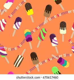 Colorful popsicle ice cream seamless vector  pattern.  Tasty colorful ice cream with different topping. Design for wallpaper, wrapping, fabric, background, apparel, prints, banners. 