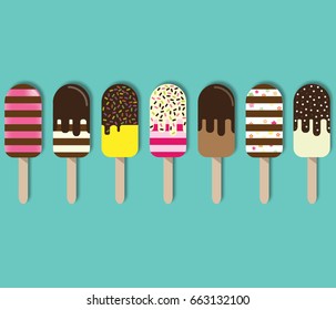 Colorful popsicle ice cream. Sweet summer dessert. 3d vector set of tasty colorful ice cream with different topping. Design for wallpaper, wrapping, fabric, background, apparel, prints, banners etc