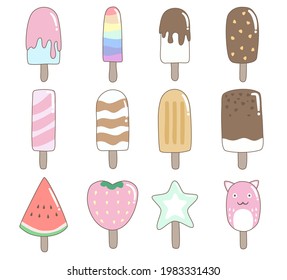 Colorful popsicle ice cream in various shapes. Cute pastel colors. It is a cartoon style for summer content.