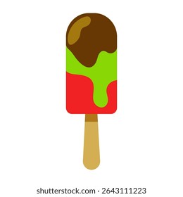 Colorful popsicle with mint, chocolate, and strawberry layers on a wooden stick