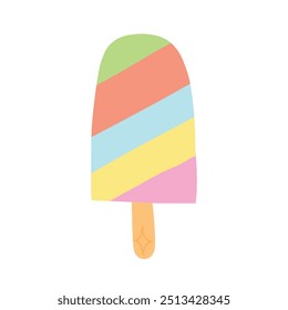 Colorful popsicle with pastel stripes in yellow, orange, pink, and blue. A whimsical summer treat illustration, perfect for fun, playful, and refreshing dessert designs.