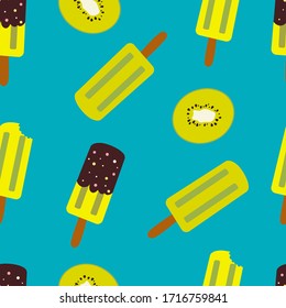 Colorful popsicles seamless pattern. Fruit kiwi ice cream glazed in chocolate. Vector background for textile, wrapping paper, stationery. 
