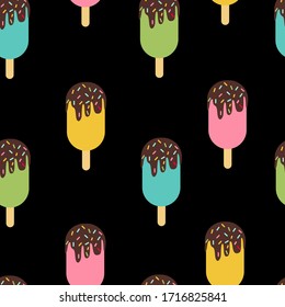 Colorful popsicles seamless pattern on black background. Fruit ice cream glazed in chocolate. Vector background for textile, wrapping paper, stationery. 