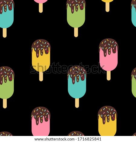 Colorful popsicles seamless pattern on black background. Fruit ice cream glazed in chocolate. Vector background for textile, wrapping paper, stationery. 
