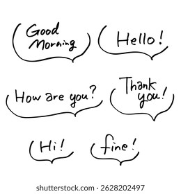 Colorful, pop-up hand-drawn English greeting phrase set