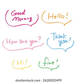 Colorful, pop-up hand-drawn English greeting phrase set