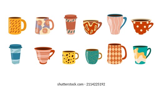 Colorful porcelain coffee and tea cup cartoon illustration set. Ceramic mugs for matcha, different beverages and drinks with cute Scandinavian patterns flat vector set. Crockery, kitchen, cafe concept