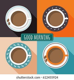 Colorful Porcelain Cups Of Coffee With Long Shadow And Colorful Squares. Positive And Funny Start Of The Day. Good Morning Message