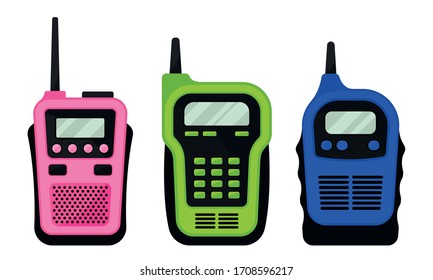 Colorful Portable Radio Device or Walkie Talkie with Antenna Vector Set