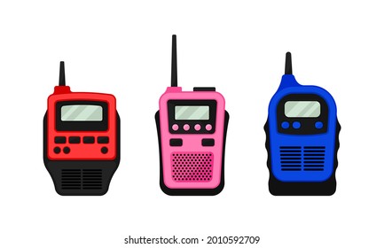 Colorful Portable Radio Device or Walkie Talkie with Antenna Vector Set