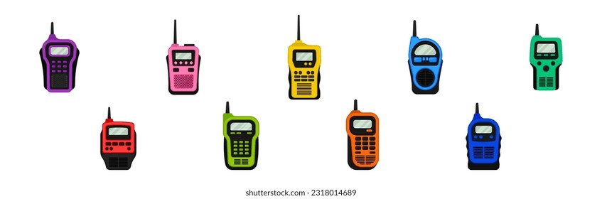 Colorful Portable Radio Device or Walkie Talkie with Antenna Vector Set