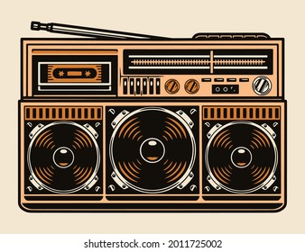 Colorful portable retro cassette recorder with radio antenna and three speakers in vintage style isolated vector illustration