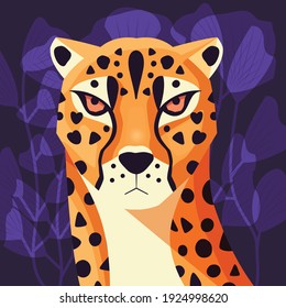 Colorful portrait of beautiful cheetah on purple background. Hand drawn wild animal. Big cat. 