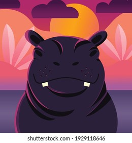 Colorful portrait of cute hippo sunset background. Hand drawn wild animal. Hippopotamus. 