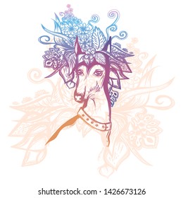 Colorful portrait of dog with flowers on the floral pattern. To be used for sketch for print t shirt. White background with animal and drawing bouquet. The beautiful vector illustration.