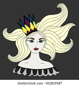 Colorful portrait of girl in a crown with long blond hairs, can be used as a card of beauty shop and other salon.