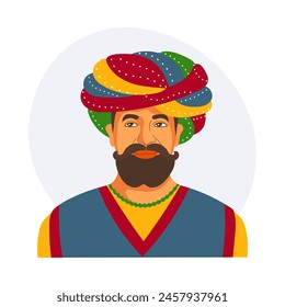 Colorful portrait of an Indian man in a turban. Illustration, poster, vector