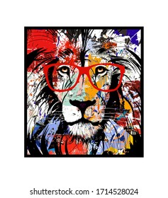 Colorful portrait of a lion with glasses - vector illustration (Ideal for printing on fabric or paper, poster or wallpaper, house decoration) 