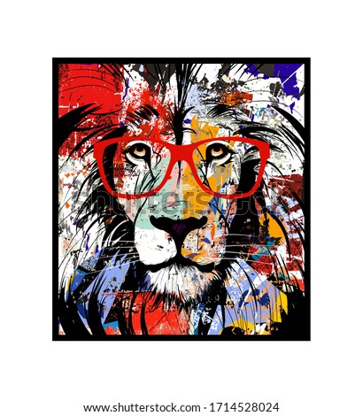 Colorful portrait of a lion with glasses - vector illustration (Ideal for printing on fabric or paper, poster or wallpaper, house decoration) 