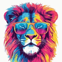 Colorful Portrait Of A Lion Wearing Sunglasses Watercolor Drawing Isolated On White Background.