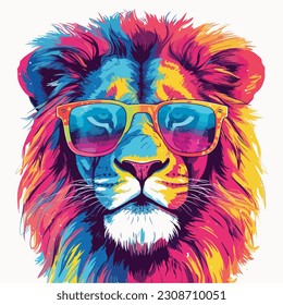 Colorful portrait of a lion wearing sunglasses Watercolor drawing Isolated on white background.