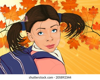 Colorful portrait of a little happy girl in bright day. She is going to the school with the big blue backpack. She is surrounded by yellow leaves of maple tree.