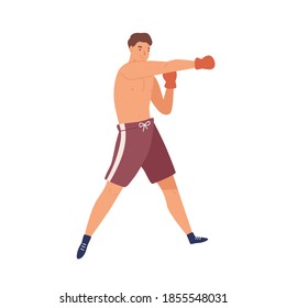 Colorful portrait of male boxer. Muscular man in sportswear and boxing gloves isolated on white background. Flat vector cartoon illustration of concentrated athletic box fighter