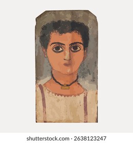 Colorful portrait of a person with large eyes, curly hair, and a necklace, painted on a textured surface, evoking an ancient, artistic style. Vintage art illustration vector.