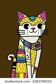 A colorful portrait of a pet cat made up of simple geometric patchwork shapes.
