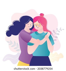 Colorful Portrait Of Two Best Friends. Cute Homosexual Couple Hugging. Women Hug Each Other. Female Friendship. Meeting With Loved One. Lovers Together With Smiling Faces. Flat Vector Illustration